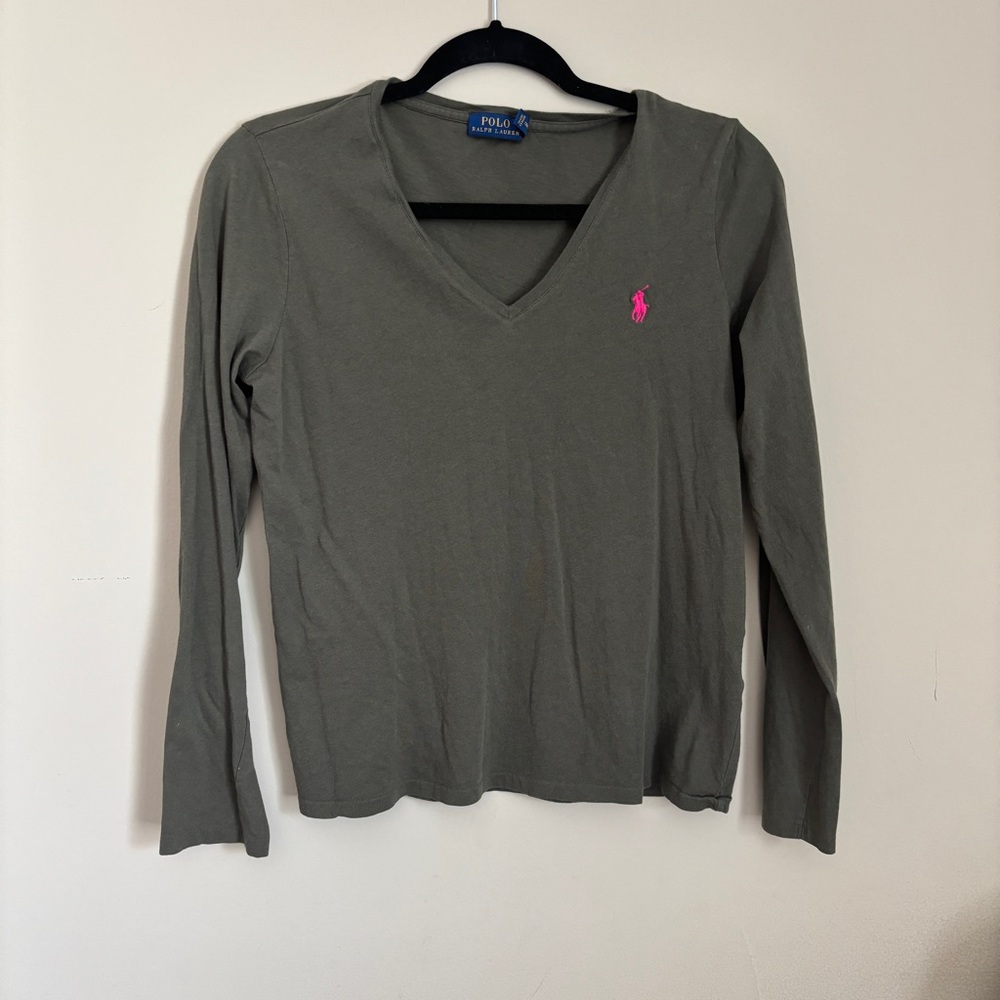 Polo by Ralph Lauren Gray Fitted Long Sleeve Blouse